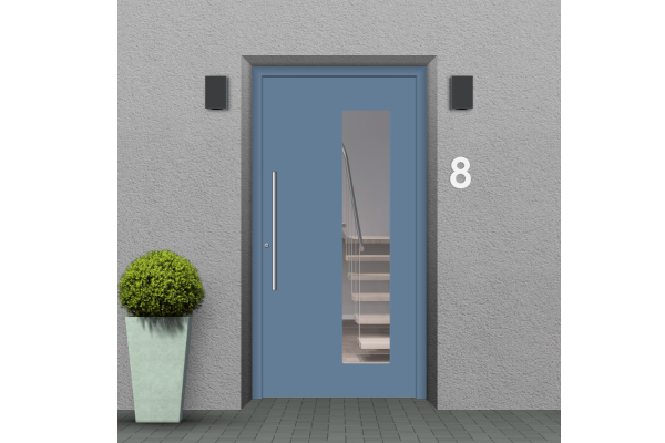 Aluminium front door pigeon blue