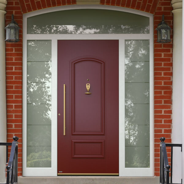 Front door in red with transom light